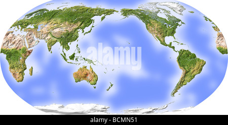Mappa del mondo, Rilievo ombreggiato, centrato sul Pacifico. Foto Stock