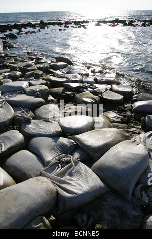 I sacchi di sabbia usati come barriera sulla riva del mare Foto Stock