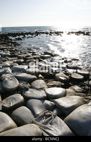 I sacchi di sabbia usati come barriera sulla riva del mare Foto Stock