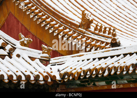 Coperte di neve sul tetto del palazzo, il palazzo sul lato della Sala della coltivazione mentale, la Città Proibita di Pechino, Cina Foto Stock