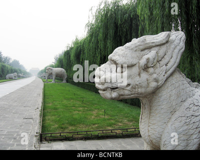 Stone statue intagliate sulla Via Sacra in tombe Ming a Pechino in Cina Foto Stock