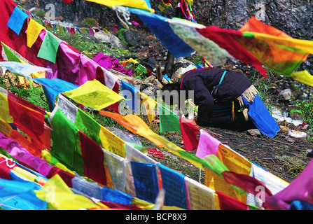 Pellegrino prua al culto di Yubeng Shenpu sul percorso interiore di pellegrinaggio intorno al monte Kawa Dampa, Meili Snow Mountain, Foto Stock