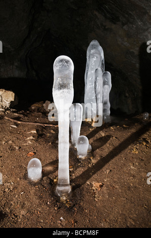 Stalagmite di ghiaccio in grotta durante l'inverno, Oberpfalz, Baviera, Germania Foto Stock