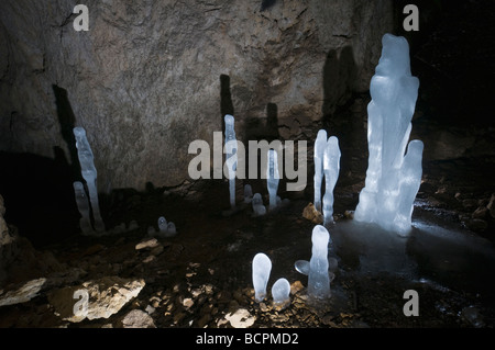 Il ghiaccio stalagmiti nella grotta durante l'inverno, Oberpfalz, Baviera, Germania Foto Stock