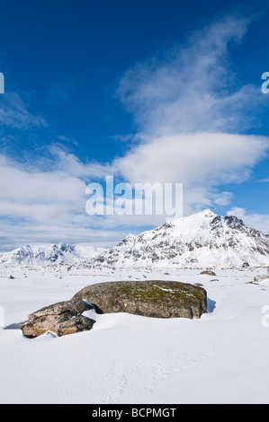 Grande masso in coperta di neve paesaggio invernale, vicino a Stamsund, Vestvågøy, isole Lofoten in Norvegia Foto Stock