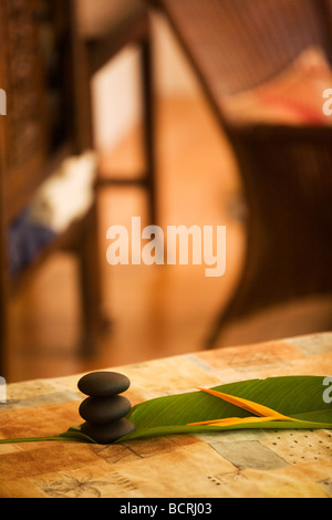 Tre pietre impilate come zen equilibrato su una foglia con un uccello del paradiso fiore su un letto. Foto Stock