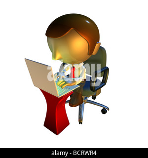 3d business carattere uomo seduto nella sedia da ufficio con computer portatile alla reception Foto Stock
