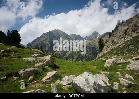 Il Parc National Du Mercantour, Alpi del Sud, Francia. Guardando da Lac De Trecolpas. Foto Stock