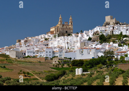 La chiesa e il castello del villaggio bianco di Olvera Andalusia Spagna Foto Stock