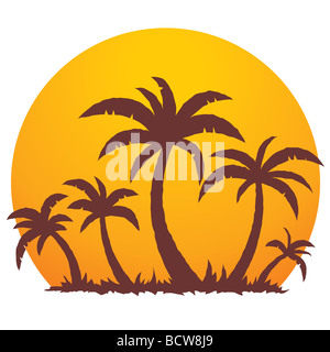 Illustrazione vettoriale di un tramonto tropicale e palme su una piccola vacanza isola paradiso. Foto Stock