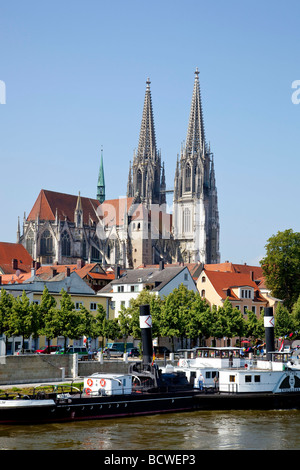 Regensburger Dom Cattedrale di San Pietro con la Schifffahrtsmuseum museo marittimo sul fiume Danubio in Regensburg, Bavari Foto Stock