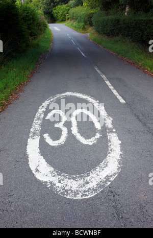 A trenta miglia per ora la limitazione di velocità segno dipinto su un vicolo del paese nei pressi del villaggio di Hillpool, Worcestershire, Regno Unito Foto Stock