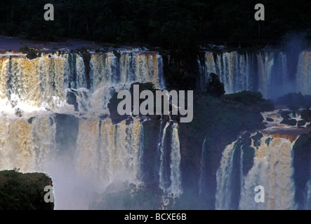 Cascate lungo il confine Brazil-Argentina visto dal lato Brasiliano a Iguassu Falls in Iguassu Falls National Park a Iguassu in Brasile America del Sud Foto Stock