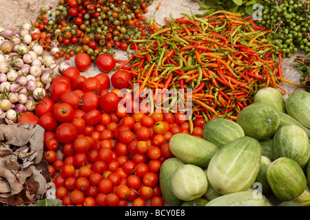 Le verdure e la frutta in vendita nel mercato a Luang Prabang, Laos Foto Stock