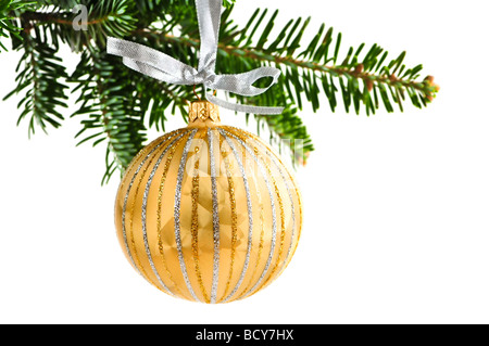 Golden decorazione di Natale appeso sul ramo di pino isolato su bianco Foto Stock