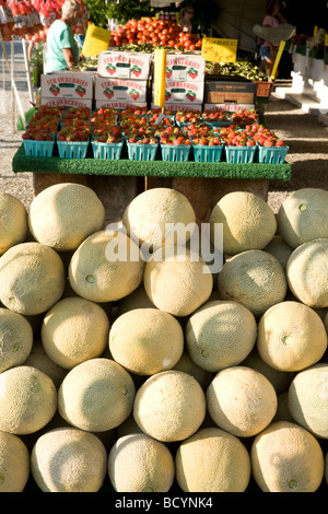 Meloni fragole pomodori in un mercato delle pulci in Shipshewana Indiana Foto Stock