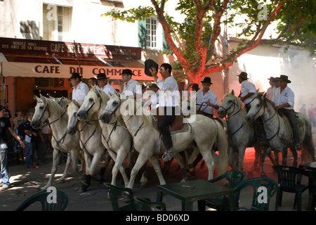 Camargue custodi sui loro cavalli bianchi mandria di tori neri attraverso le strade sul loro modo all'arena per la corrida Foto Stock