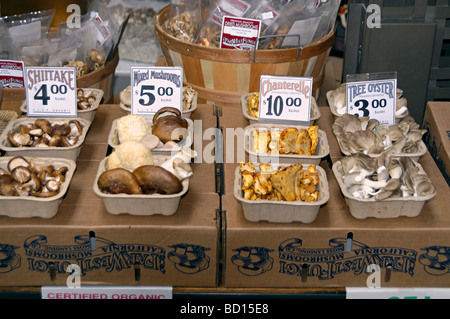 Una selezione di varietà di funghi in vendita presso un mercato di alimenti biologici e il loro prezzo nel 2009. Foto Stock