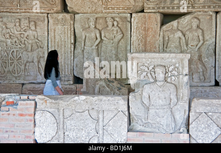 La Romania è il museo di Tropaeum Traiani con metope di originale monumento romano, a Adamclisi villaggio nei pressi di Constanta Foto Stock