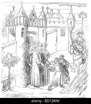 Questa illustrazione nel XIV secolo del " Libro delle meraviglie" mostra i fratelli Polo e Marco lasciando da Costantinopoli. Foto Stock