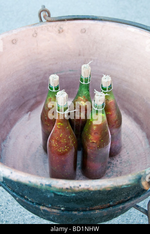 Dimostrazione del vecchio metodo per la creazione e la conservazione di concentrato di pomodoro e di imbottigliamento di esso Foto Stock