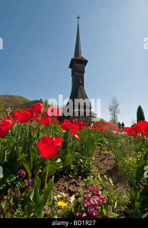 La Romania Barsana Monastero Complesso con chiesa in legno steeple in primavera, Maramures Contea del nord della Transilvania Foto Stock