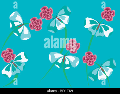 Fiori di colore rosa e farfalle blu Foto Stock