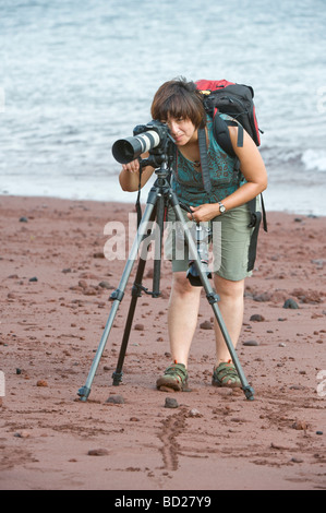 Turista femminile fotografare sul 'red' sulla spiaggia' Rabida Galapagos Oceano Pacifico Sud America possono Foto Stock