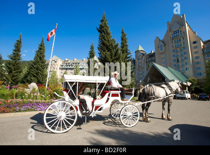 Un cavallo e carrozza arriva di fronte al Fairmont Chateau Whistler Resort. Whistler BC, Canada Foto Stock