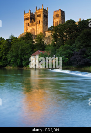 La Cattedrale di Durham e il museo di archeologia si riflette nell'acqua del fiume usura su una sera d'estate Foto Stock