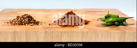 Foto panoramica di una selezione di tipi di peperoncini secchi, polverizzato e fresche, sul tagliere di legno contro uno sfondo bianco Foto Stock