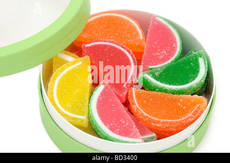 Jelly fette di frutta in scatola / caramelle gommose, rivestite di zucchero Foto Stock