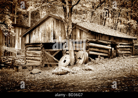 Vecchia cabina Pioneer in Smoky Mountians National Park - tonalità seppia Foto Stock