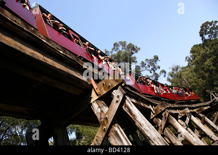 Il Puffing Billy carrozze passeggeri attraversando il traliccio ponte costruito nel 1899 il Dandenong Ranges Victoria Australia Foto Stock