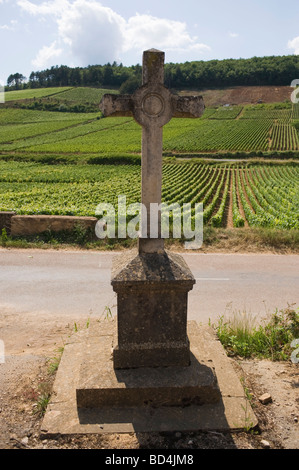 Croce di pietra e vigneti Pernand Vergelesses Cote de Beaune Borgogna Francia Foto Stock