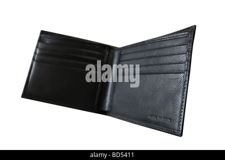 Nero in pelle italiana wallet su sfondo bianco Foto Stock