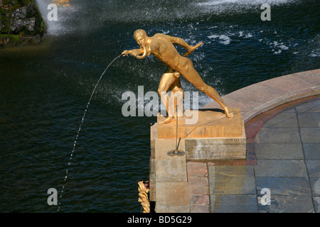 Statua dorata di Apollo tenendo il serpente Python al Grand Cascata di Peterhof di San Pietroburgo, Russia Foto Stock