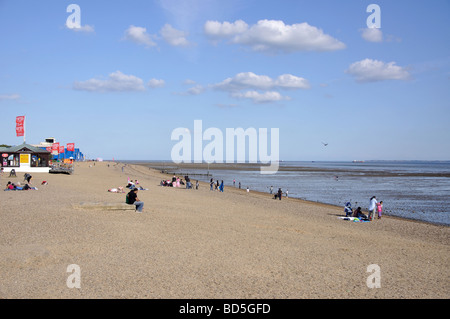 Spiaggia e il lungomare con vista, Southend-on-Sea, Essex, Inghilterra, Regno Unito Foto Stock