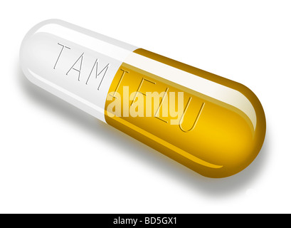 Illustrazione di un singolo Tamiflu capsule con tamiflu in rilievo su di esso. farmaco per la specie suina e influenza aviaria Foto Stock