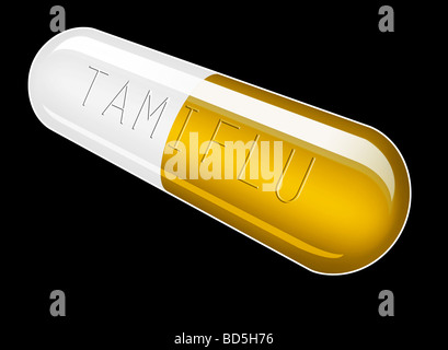 Illustrazione grafica di un singolo Tamiflu capsule su uno sfondo nero con tamiflu goffrato attraverso la capsula Foto Stock