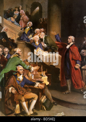 PATRICK HENRY denuncia l istituzione del timbro agiscono sui coloni americani da George III nel maggio 1765 nel XIX secolo la stampa Foto Stock