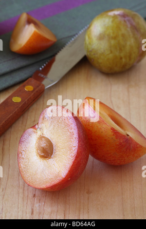 O Pluots plumcots su un tagliere. Due varietà sono mostrati. Foto Stock