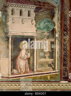 Francesco d'Assisi, San Giovanni Bernardone (1182 - 1226), mezza lunghezza, scene della sua vita, 'di fronte alla croce in San Damiano', affresco, 13th secolo, attribuito a Giotto di Bodone, Basilica di San Francesco, Assisi, Italia, Foto Stock