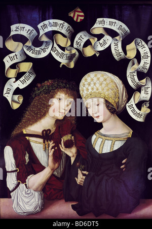 Belle arti, Medioevo, Germania, dipinto 'amanti', da parte del comandante del Housebook (circa 1445 - dopo il 1505), olio su legno, 11 Foto Stock