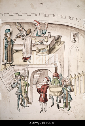 Belle arti, medioevo, miniaturizzato, il Concilio di Costanza, 1414 - 1418, conclave, cibo è ricerca per messaggi segreti, cronaca di Ulrich von Richenthal, xv secolo, Museo Rosgarten, Costanza, , artista del diritto d'autore non deve essere cancellata Foto Stock