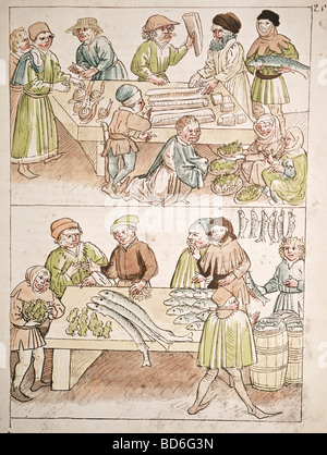 Belle arti, medioevo, miniaturizzato, il Concilio di Costanza, 1414 - 1418, il mercato del pesce, cronaca di Ulrich von Richenthal, xv secolo, Museo Rosgarten, Costanza, , artista del diritto d'autore non deve essere cancellata Foto Stock