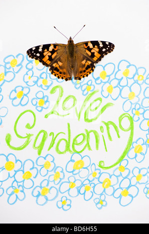 Dipinto di lady butterfly sull amore giardinaggio e disegno di fiori Foto Stock