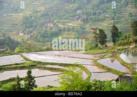 Inondati terrazzi di riso e villaggi Guizhou Cina Foto Stock