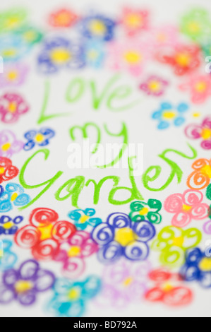 Amo il mio giardino, del bambino nel disegno matite colorate Foto Stock