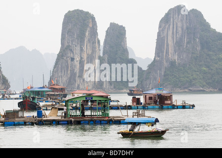 Villaggio galleggiante nella baia di Halong, Vietnam Foto Stock
